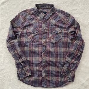 Prana Western Pearl Snap Shirt Men Med Purple Plaid Long Sleeve Organic Gorpcore